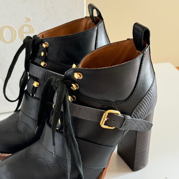 Chloe ankle boots black two tone lace up belted Bernie shoes Women's sz 5.5 us - Picture 3 of 10